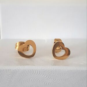 Gold Small Dainty Heart Hollow Cut Out Stud Stainless Steel Earrings